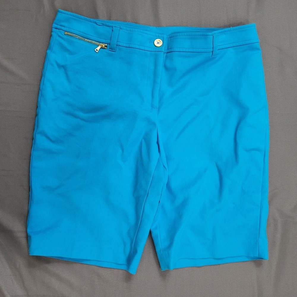 Jones New York Signature Women Blue Bermuda Shorts Sz 10 Stretch Gold Zip Detail